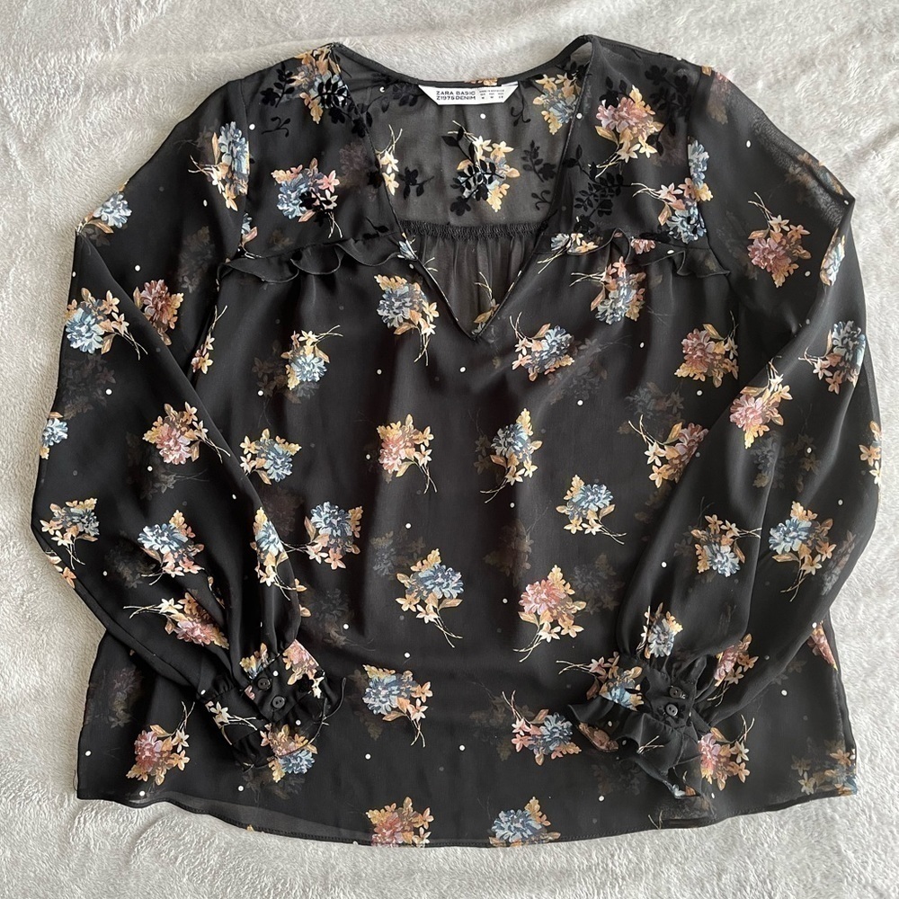 Zara Floral Ruffle V Neck Sheer Blouse Size Medium